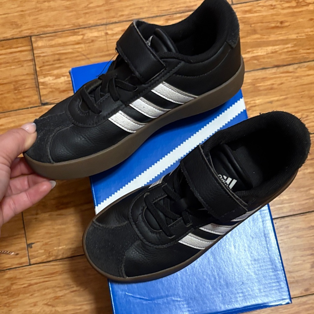 adidas Black Sneakers with White Stripes and Gum Sole